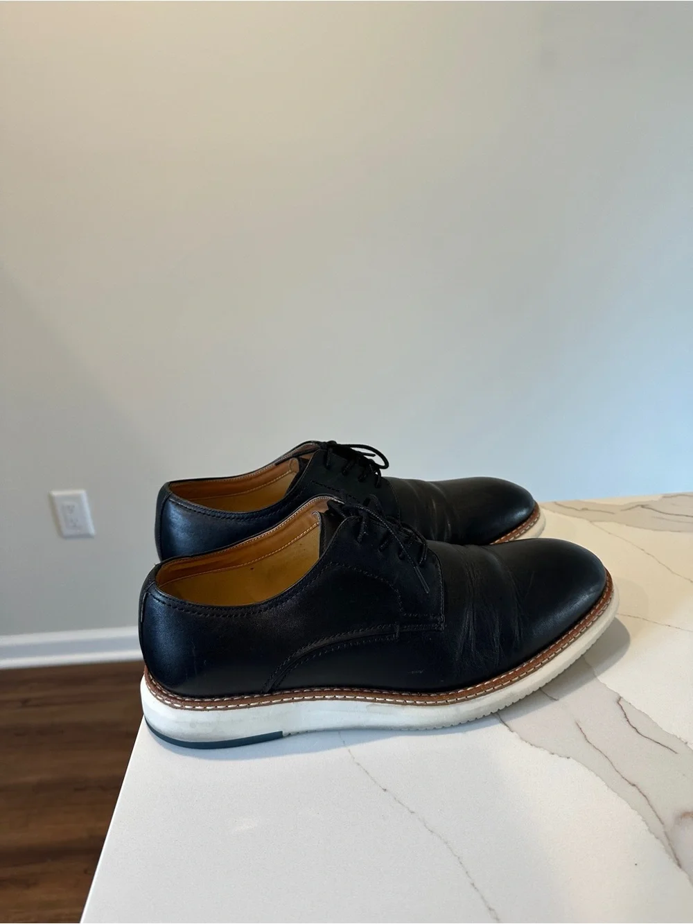 Men's Black Leather Derby Shoes with White Sole